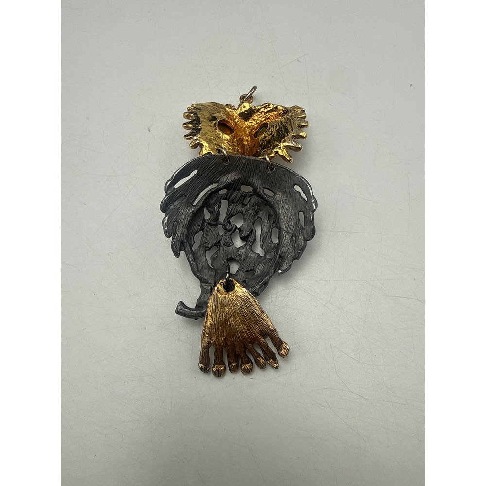 Vintage Mixed Metal Owl Pendant Amber Cabochon Eyes Articulated Statement Charm - Picture 3 of 3